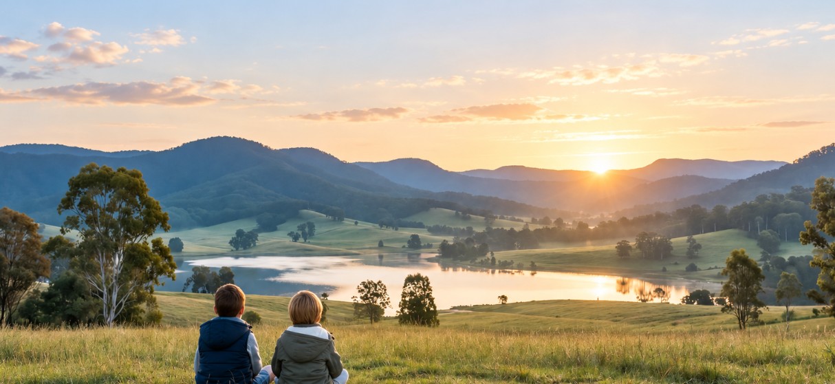 Two children sitting on a grassy hill watching the sun rise over a valley and lake
